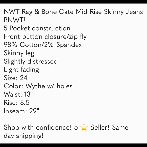 Rag & Bone Cate Mid-Rise Skinny Jeans 24 Waist NWT - Picture 5 of 5
